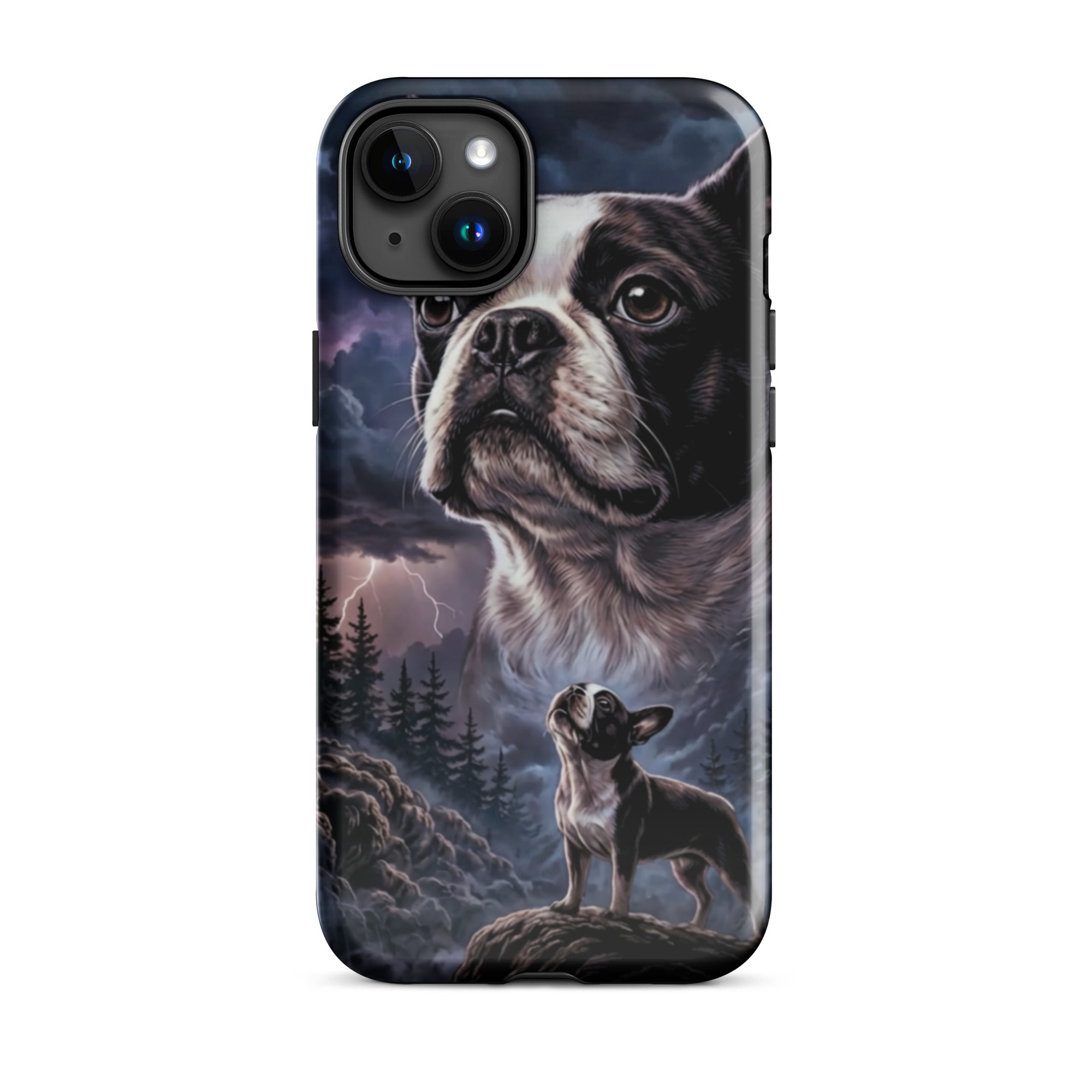 Storm Guardian – Majestic Boston Terrier Night Art Tough Case for iPhone . Glossy iPhone 15 Plus