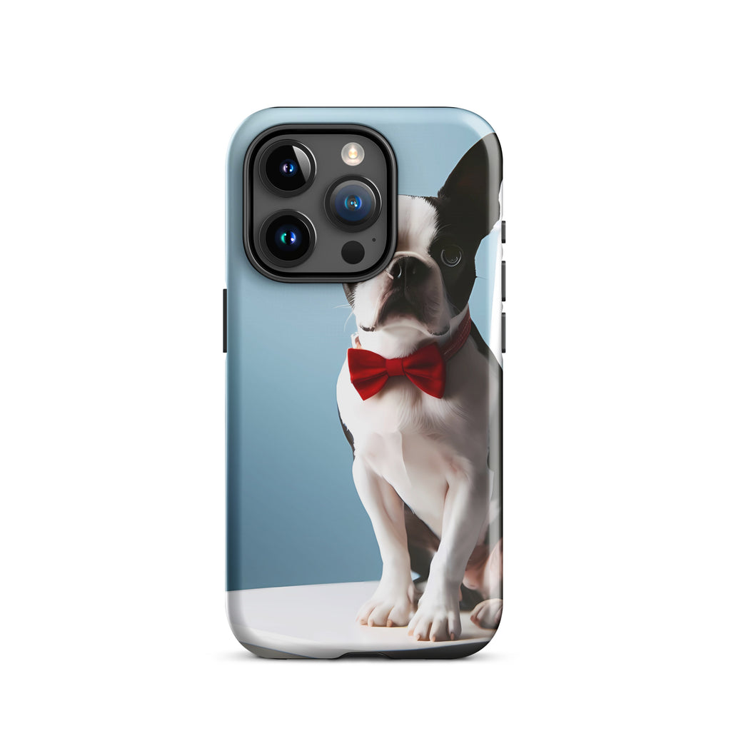 Dapper Boston Terrier in Red Bow Tie Seated on White Chair Tough Case for iPhone