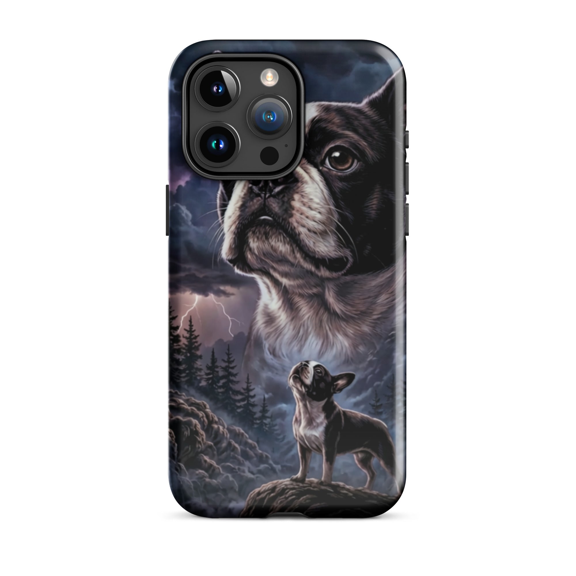 Storm Guardian – Majestic Boston Terrier Night Art Tough Case for iPhone . Glossy iPhone 15 Pro Max