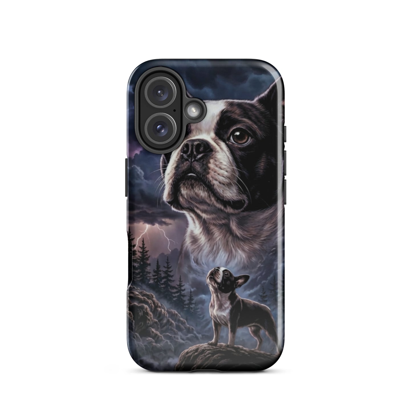 Storm Guardian – Majestic Boston Terrier Night Art Tough Case for iPhone . Glossy iPhone 16