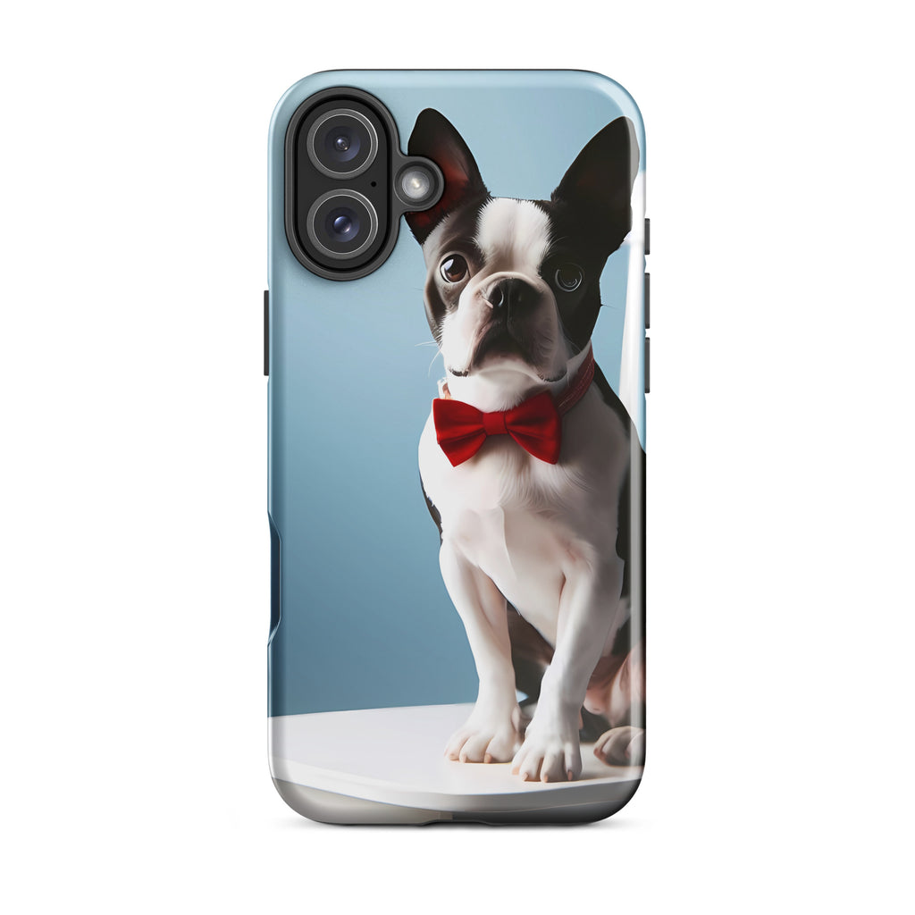 Dapper Boston Terrier in Red Bow Tie Seated on White Chair Tough Case for iPhone