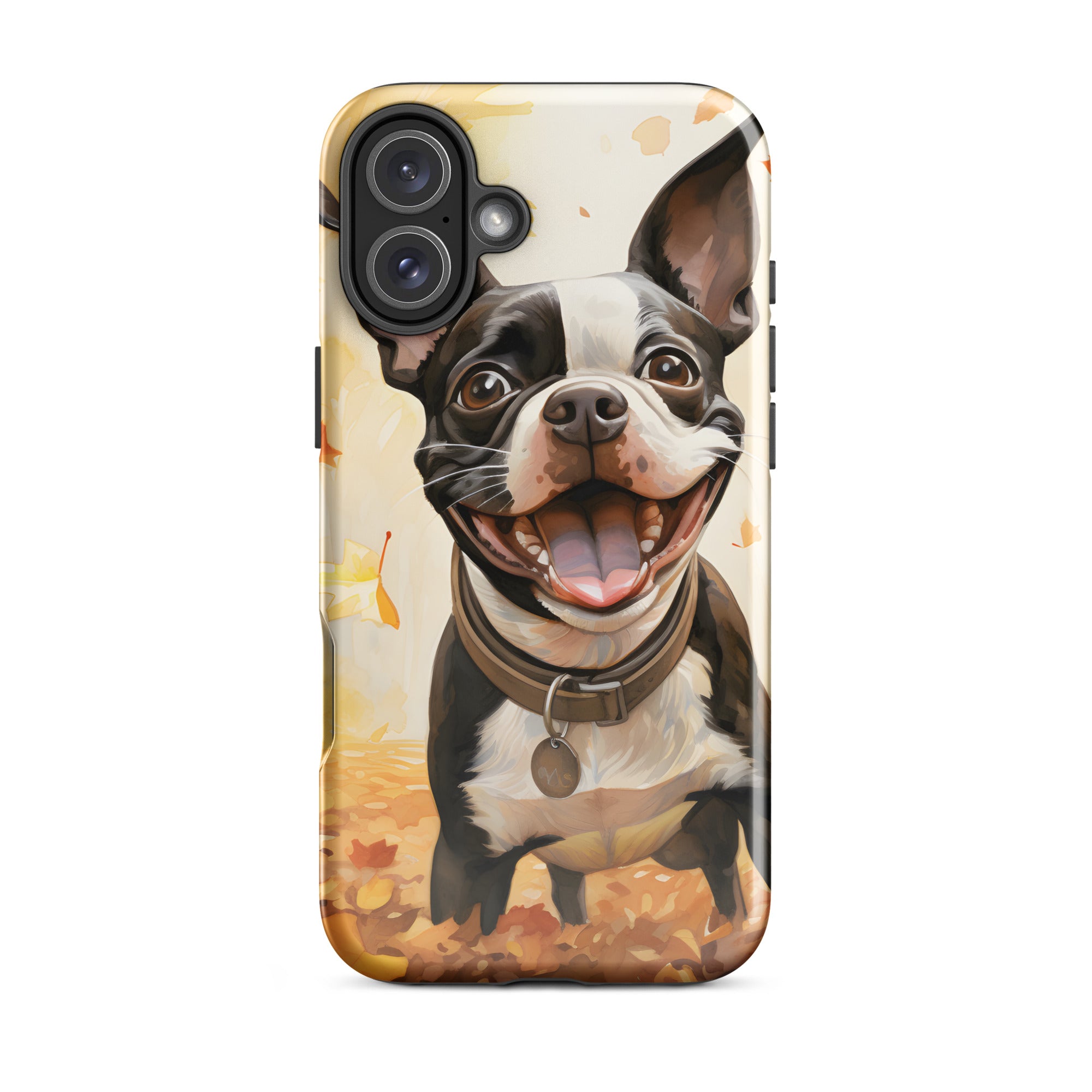 Cheerful Boston Terrier Dog Exploring A Park Watercolor Tough Case for iPhone . Glossy iPhone 16 Plus