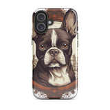 Vintage-Inspired Red Brown Boston Terrier Tough Case for iPhone . Glossy iPhone 16 Plus