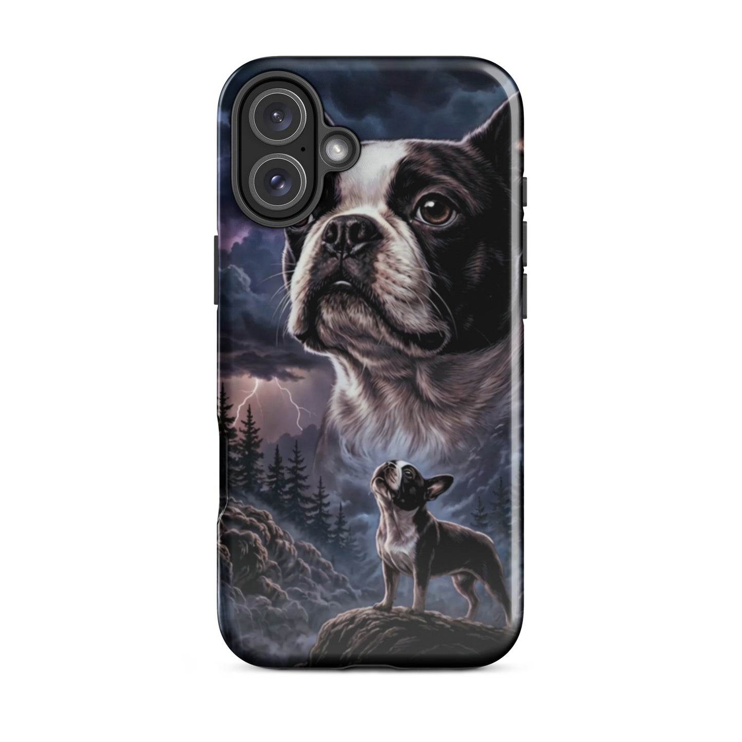 Storm Guardian – Majestic Boston Terrier Night Art Tough Case for iPhone . Glossy iPhone 16 Plus