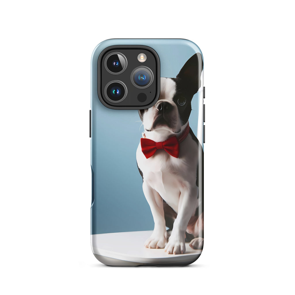 Dapper Boston Terrier in Red Bow Tie Seated on White Chair Tough Case for iPhone