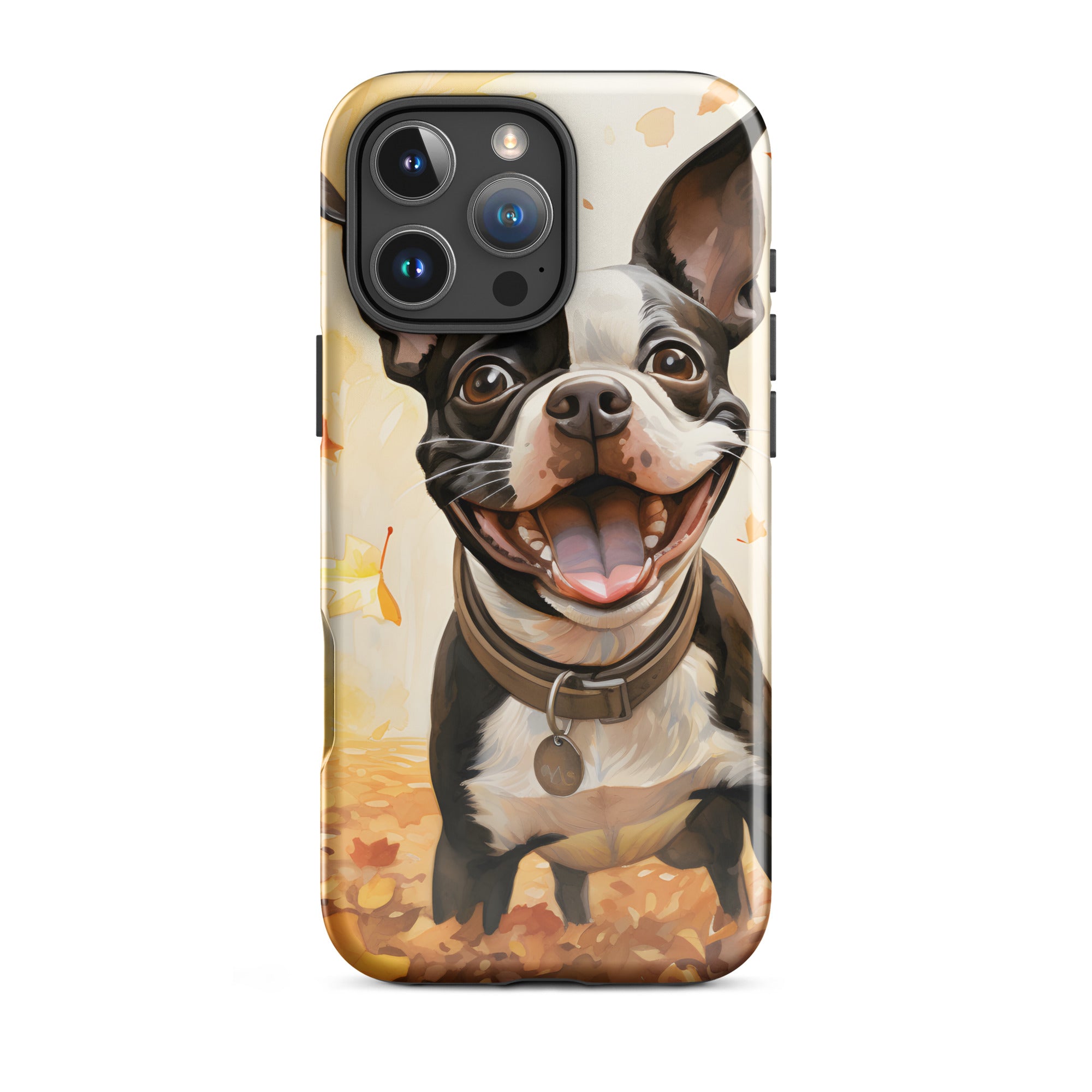Cheerful Boston Terrier Dog Exploring A Park Watercolor Tough Case for iPhone . Glossy iPhone 16 Pro Max