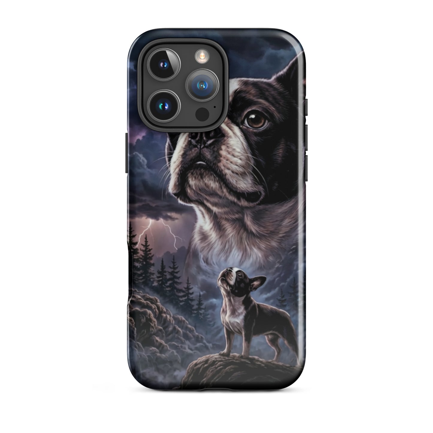 Storm Guardian – Majestic Boston Terrier Night Art Tough Case for iPhone . Glossy iPhone 16 Pro Max