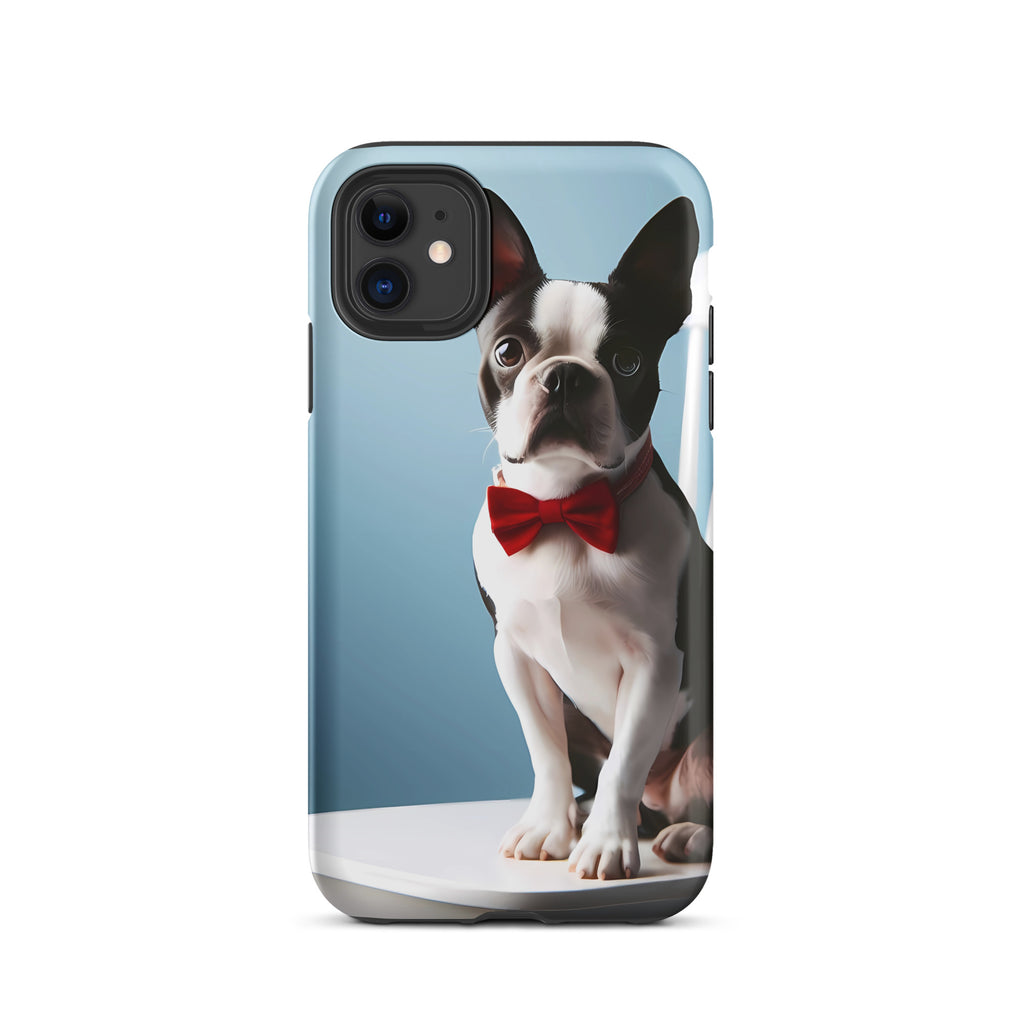 Dapper Boston Terrier in Red Bow Tie Seated on White Chair Tough Case for iPhone