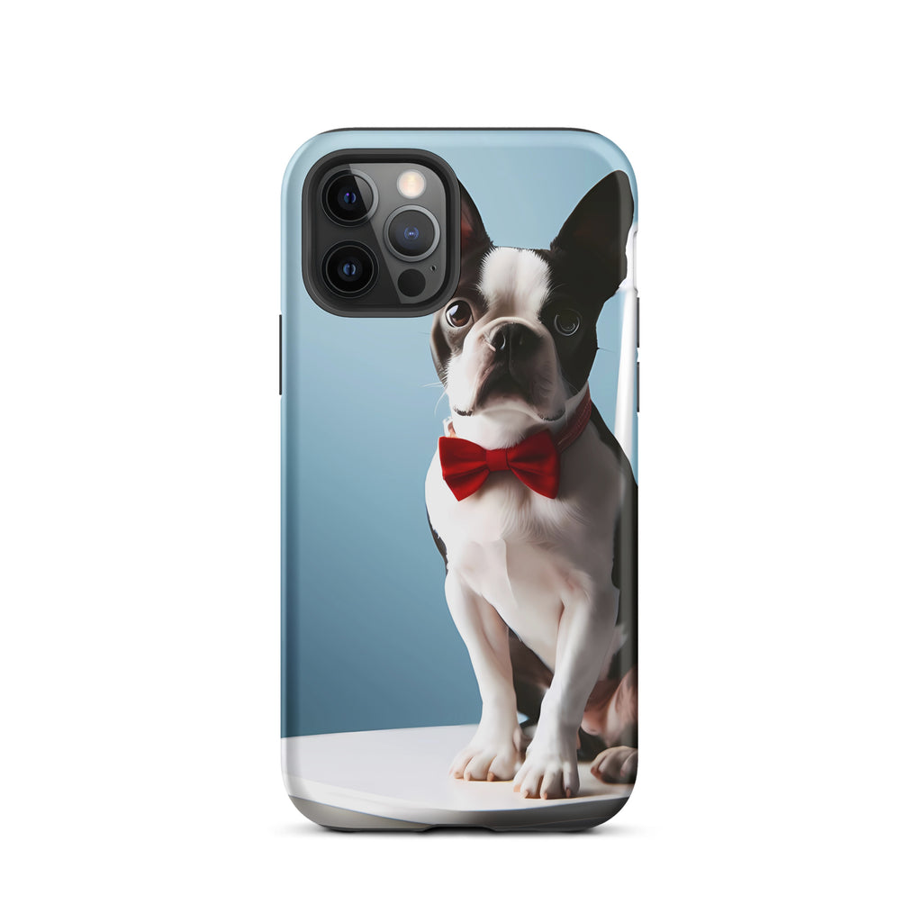 Dapper Boston Terrier in Red Bow Tie Seated on White Chair Tough Case for iPhone