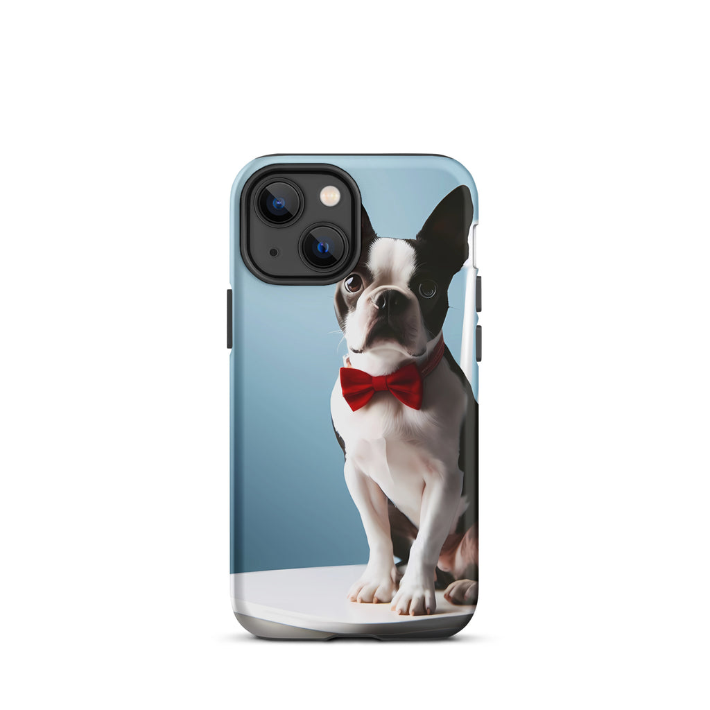 Dapper Boston Terrier in Red Bow Tie Seated on White Chair Tough Case for iPhone