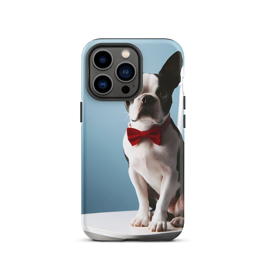 Dapper Boston Terrier in Red Bow Tie Seated on White Chair Tough Case for iPhone