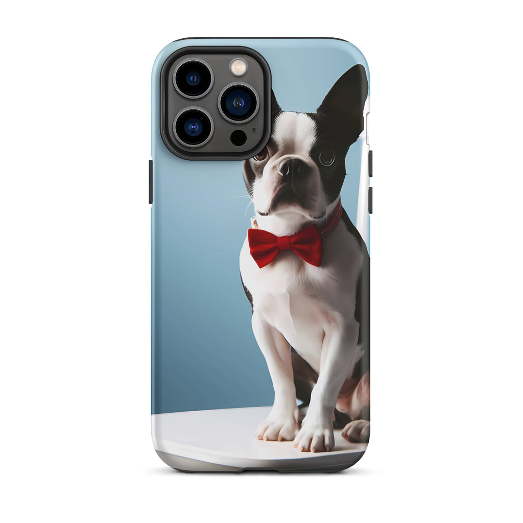 Dapper Boston Terrier in Red Bow Tie Seated on White Chair Tough Case for iPhone