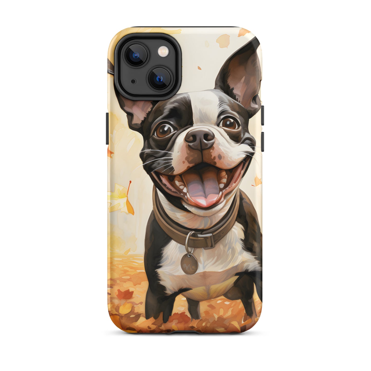 Cheerful Boston Terrier Dog Exploring A Park Watercolor Tough Case for iPhone . Matte iPhone 14 Plus