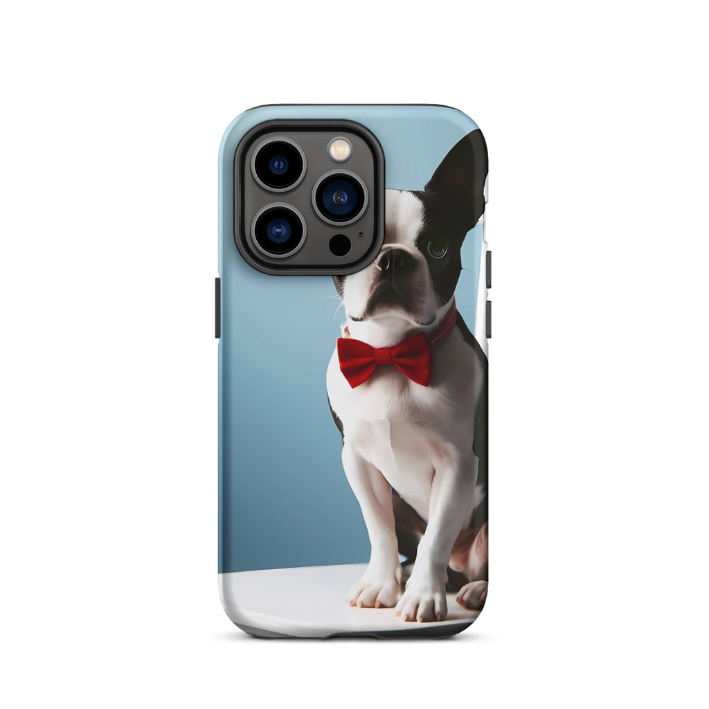 Dapper Boston Terrier in Red Bow Tie Seated on White Chair Tough Case for iPhone