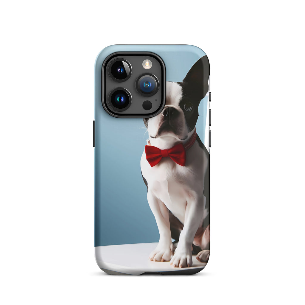 Dapper Boston Terrier in Red Bow Tie Seated on White Chair Tough Case for iPhone