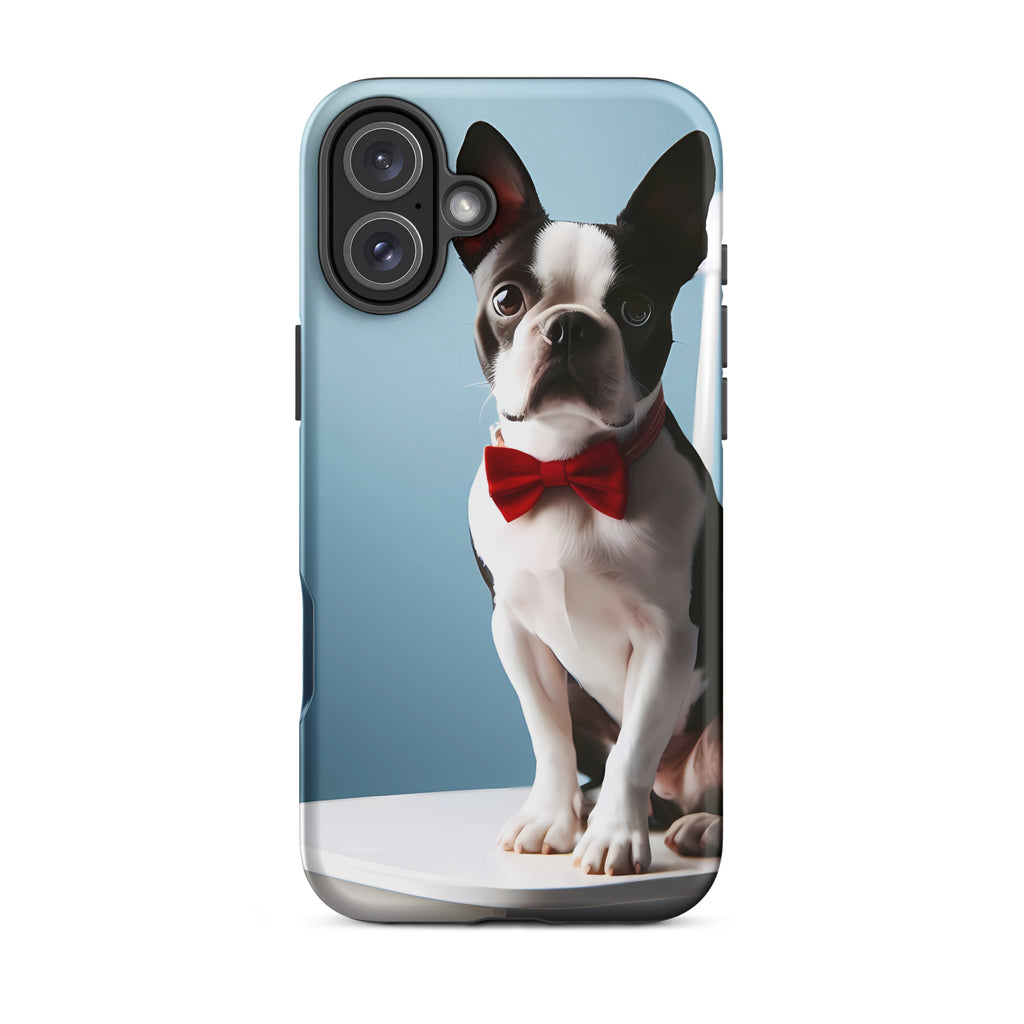 Dapper Boston Terrier in Red Bow Tie Seated on White Chair Tough Case for iPhone