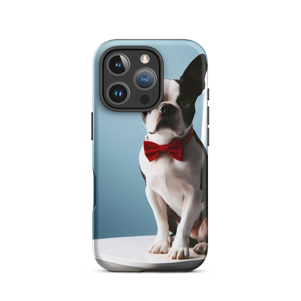 Dapper Boston Terrier in Red Bow Tie Seated on White Chair Tough Case for iPhone