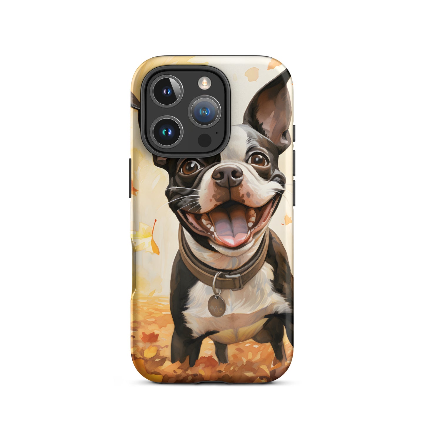 Cheerful Boston Terrier Dog Exploring A Park Watercolor Tough Case for iPhone . Matte iPhone 16 Pro