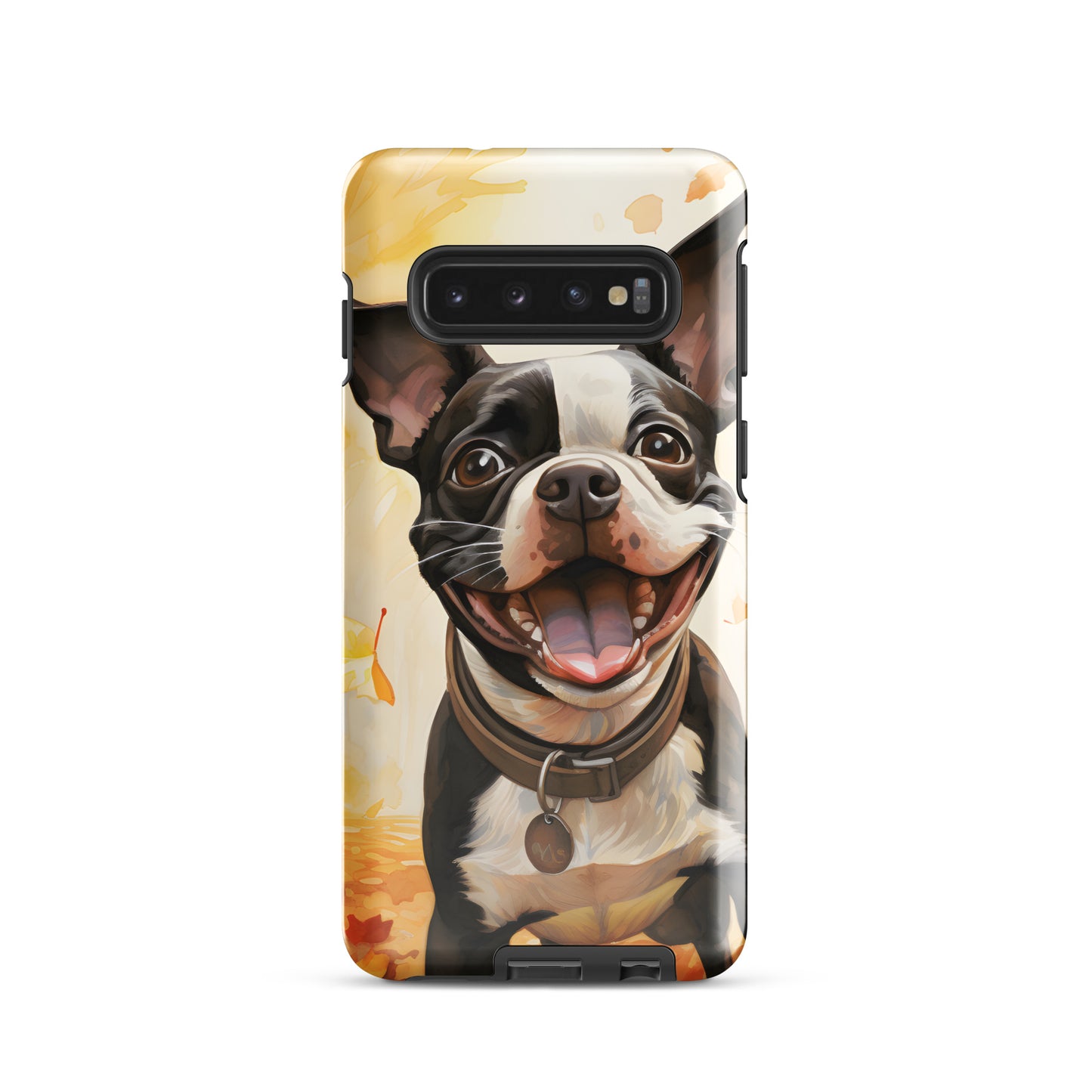 Cheerful Boston Terrier Dog Exploring A Park Watercolor Tough case for Samsung . Glossy Samsung Galaxy S10