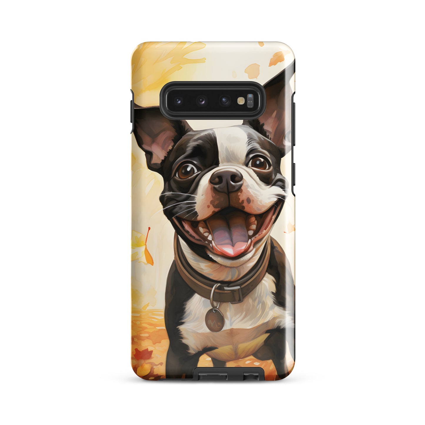 Cheerful Boston Terrier Dog Exploring A Park Watercolor Tough case for Samsung . Glossy Samsung Galaxy S10 Plus