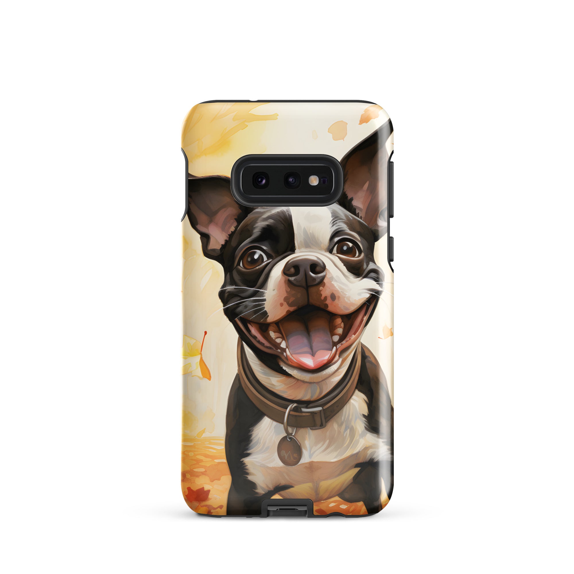 Cheerful Boston Terrier Dog Exploring A Park Watercolor Tough case for Samsung . Glossy Samsung Galaxy S10e
