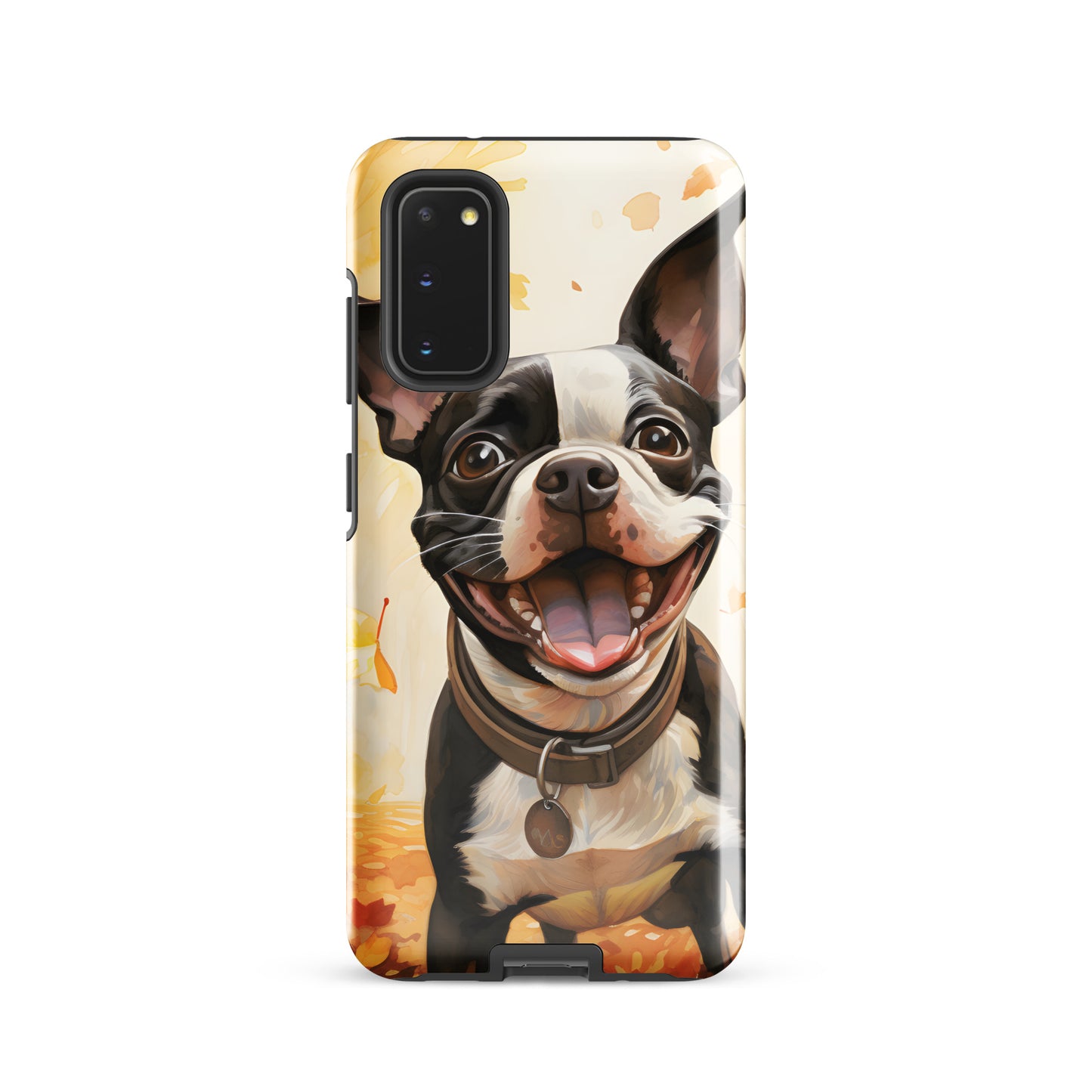 Cheerful Boston Terrier Dog Exploring A Park Watercolor Tough case for Samsung . Glossy Samsung Galaxy S20