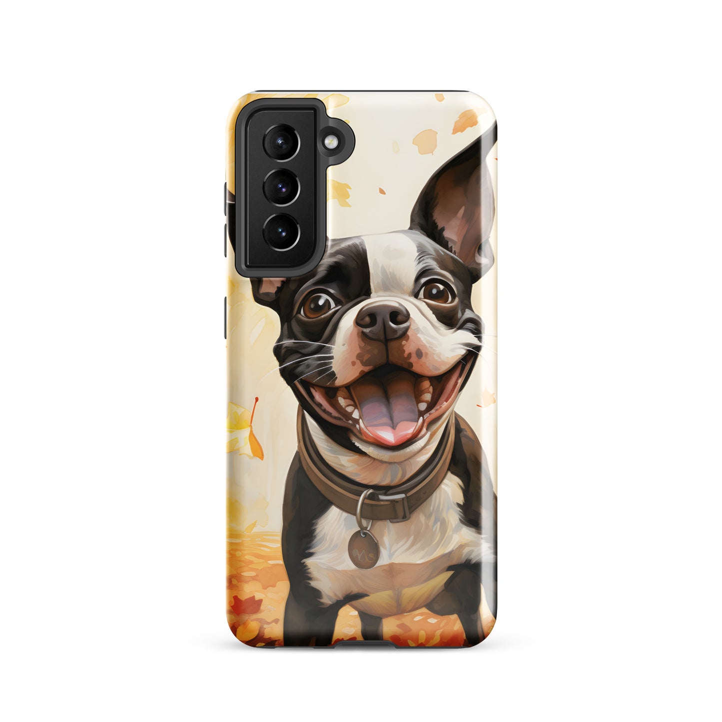 Cheerful Boston Terrier Dog Exploring A Park Watercolor Tough case for Samsung . Glossy Samsung Galaxy S21