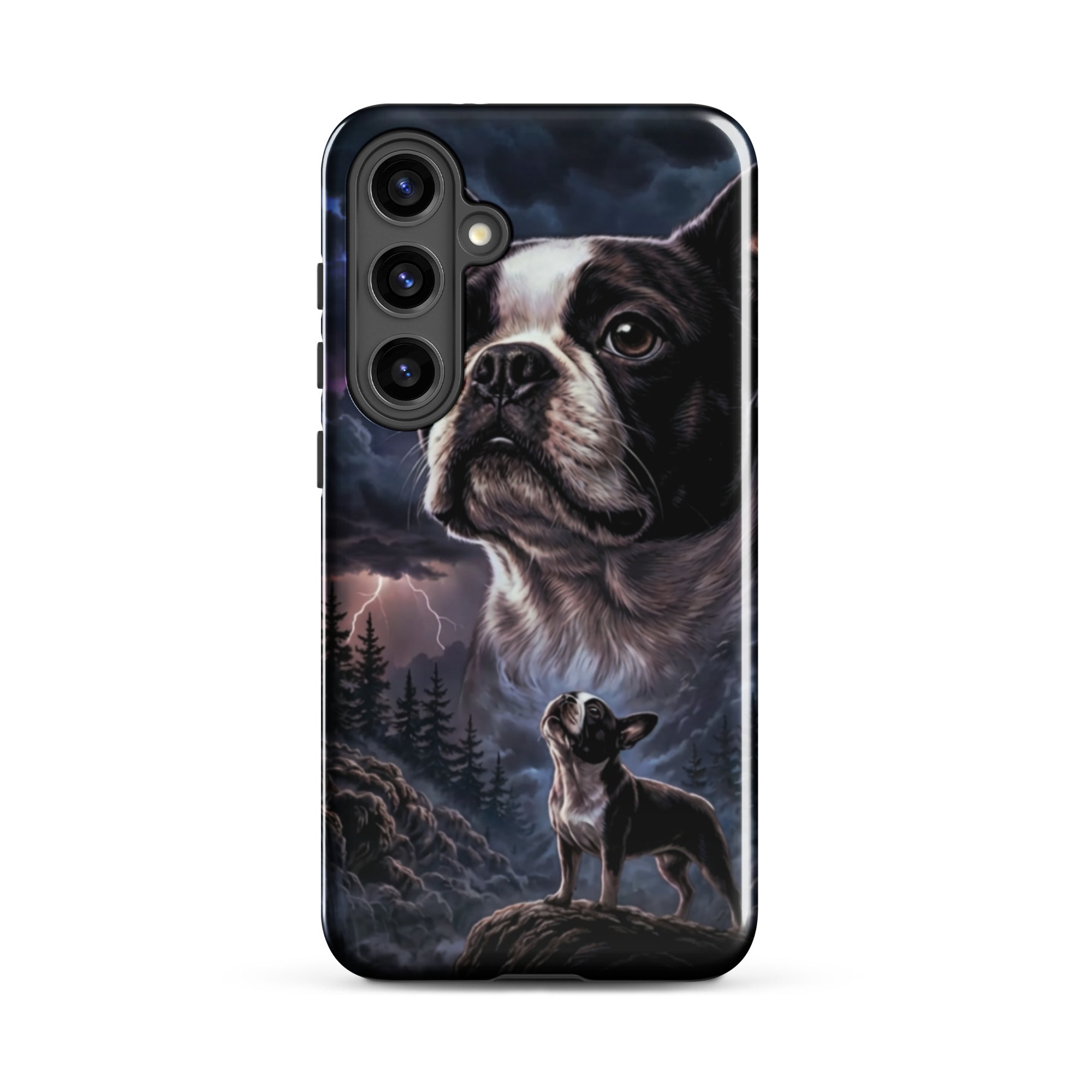 Storm Guardian – Majestic Boston Terrier Night Art Tough Case for Samsung . Glossy Samsung Galaxy S24 Plus