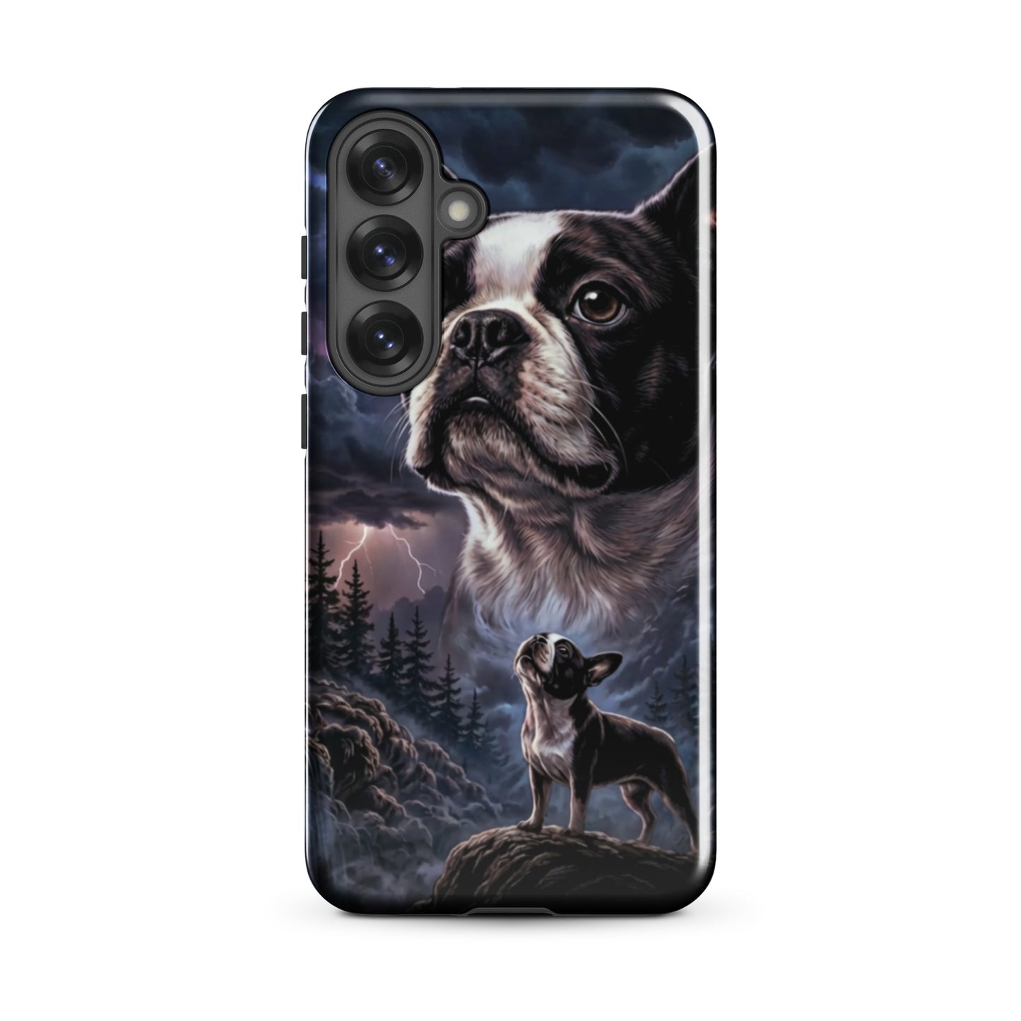 Storm Guardian – Majestic Boston Terrier Night Art Tough Case for Samsung . Glossy Samsung Galaxy S25 Plus