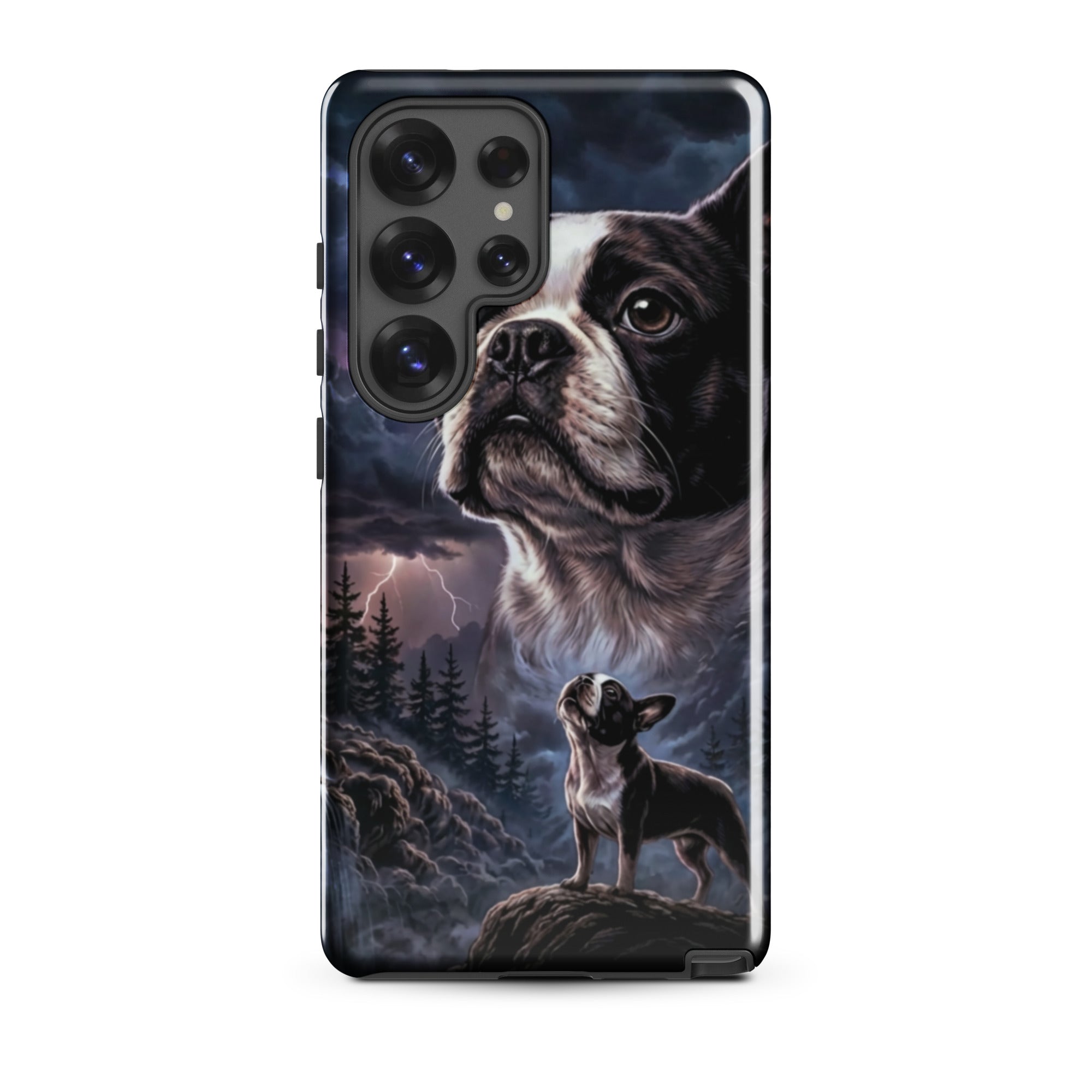 Storm Guardian – Majestic Boston Terrier Night Art Tough Case for Samsung . Glossy Samsung Galaxy S25 Ultra