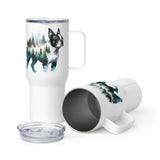 Watercolor Forest Boston Terrier Dog Portrait Travel Mug with a Handle .