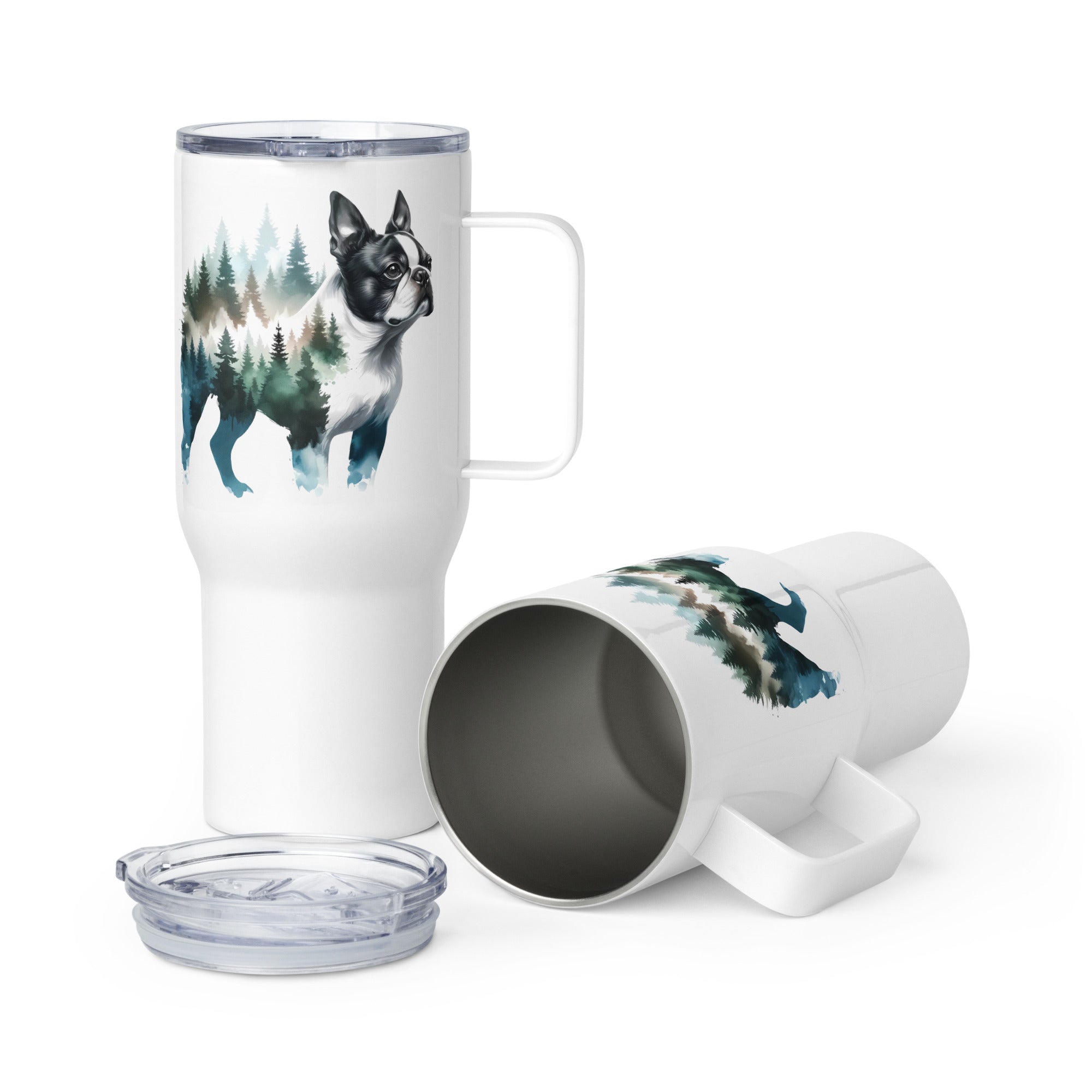 Watercolor Forest Boston Terrier Dog Portrait Travel Mug with a Handle .