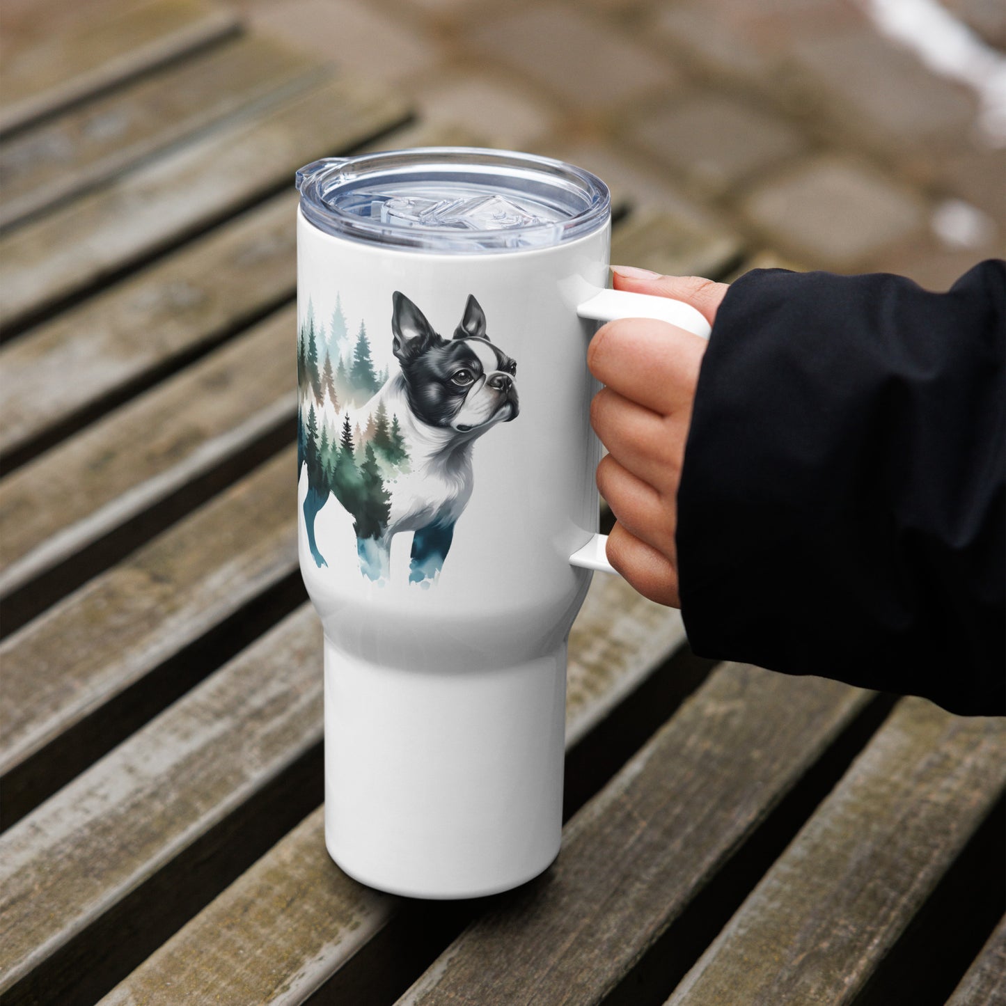 Watercolor Forest Boston Terrier Dog Portrait Travel Mug with a Handle . Default Title