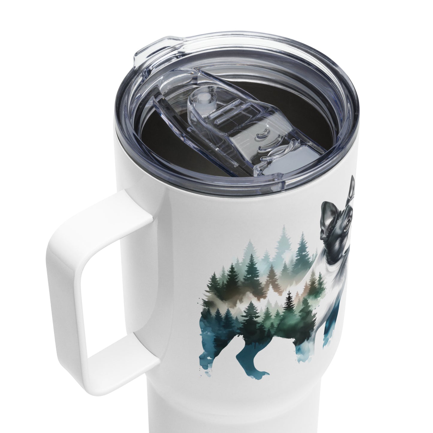 Watercolor Forest Boston Terrier Dog Portrait Travel Mug with a Handle .