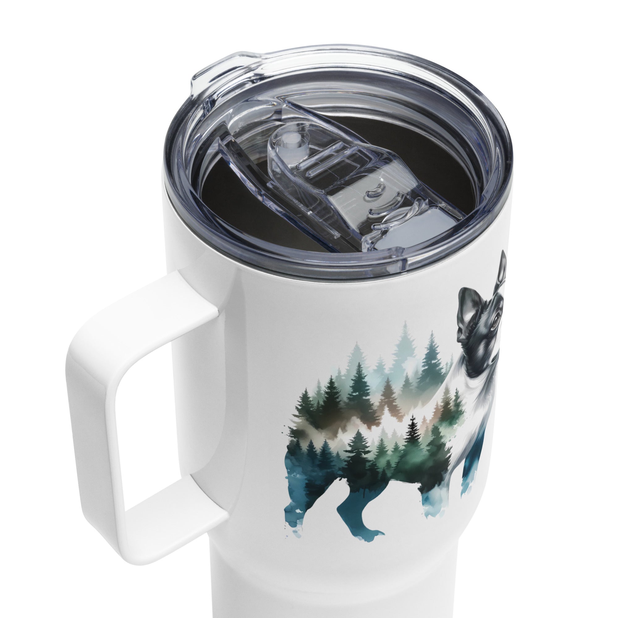 Watercolor Forest Boston Terrier Dog Portrait Travel Mug with a Handle .