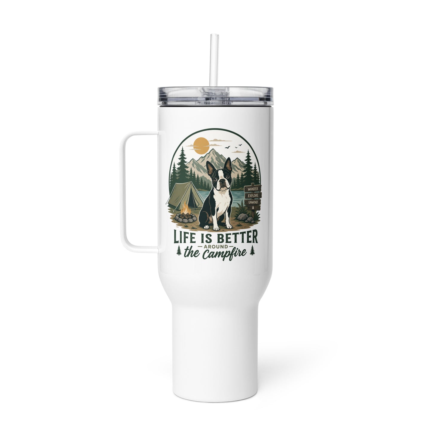 Life Is Better Around the Campfire Boston Terrier Mug, Camping Dog Lover Travel Mug with a Handle .