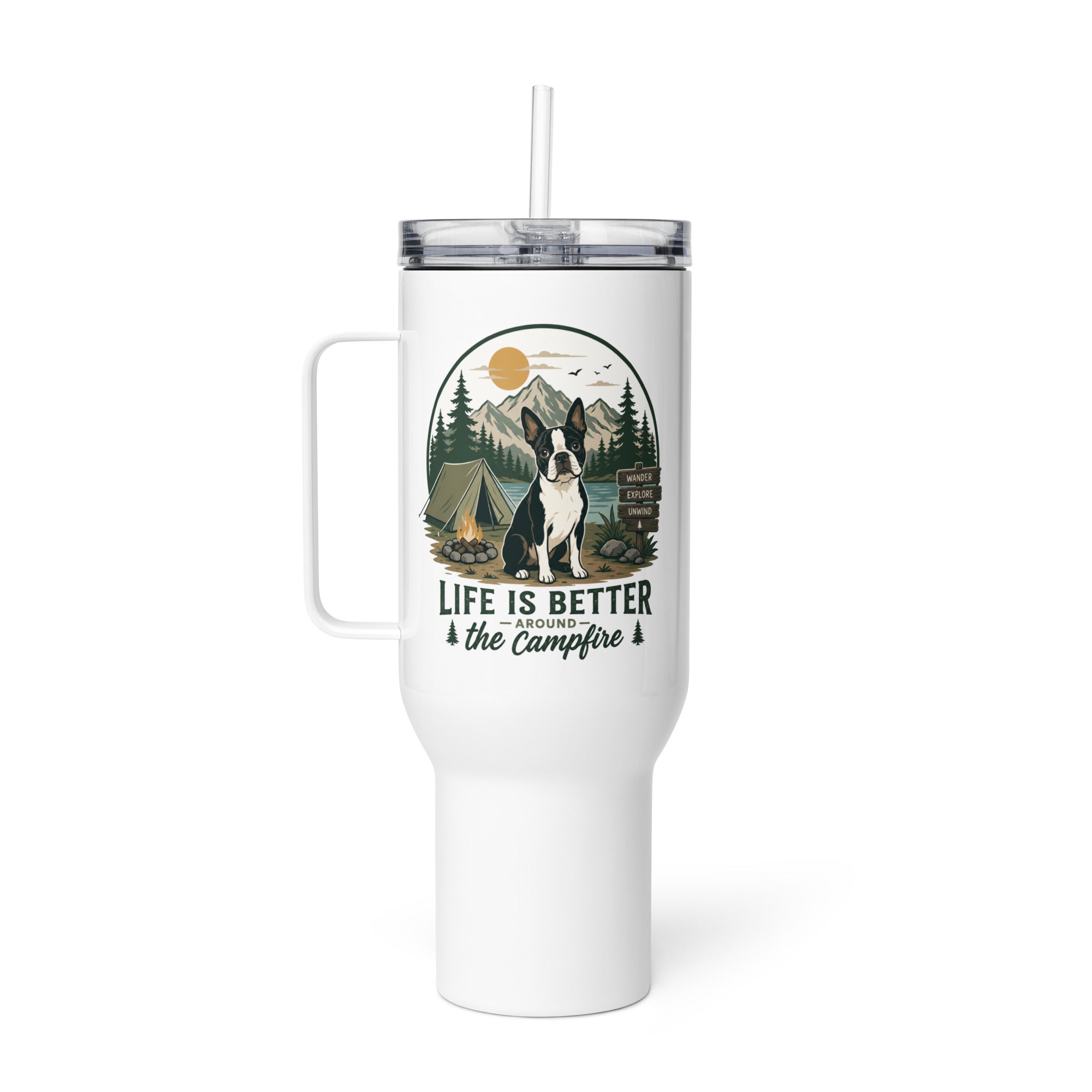 Life Is Better Around the Campfire Boston Terrier Mug, Camping Dog Lover Travel Mug with a Handle .