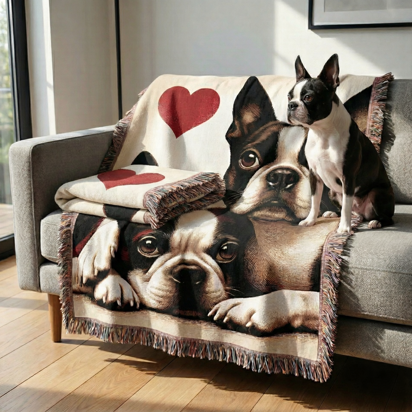 Two Boston Terriers Love Portrait Ultra-Soft Fringe Woven Blanket 60"x80" .