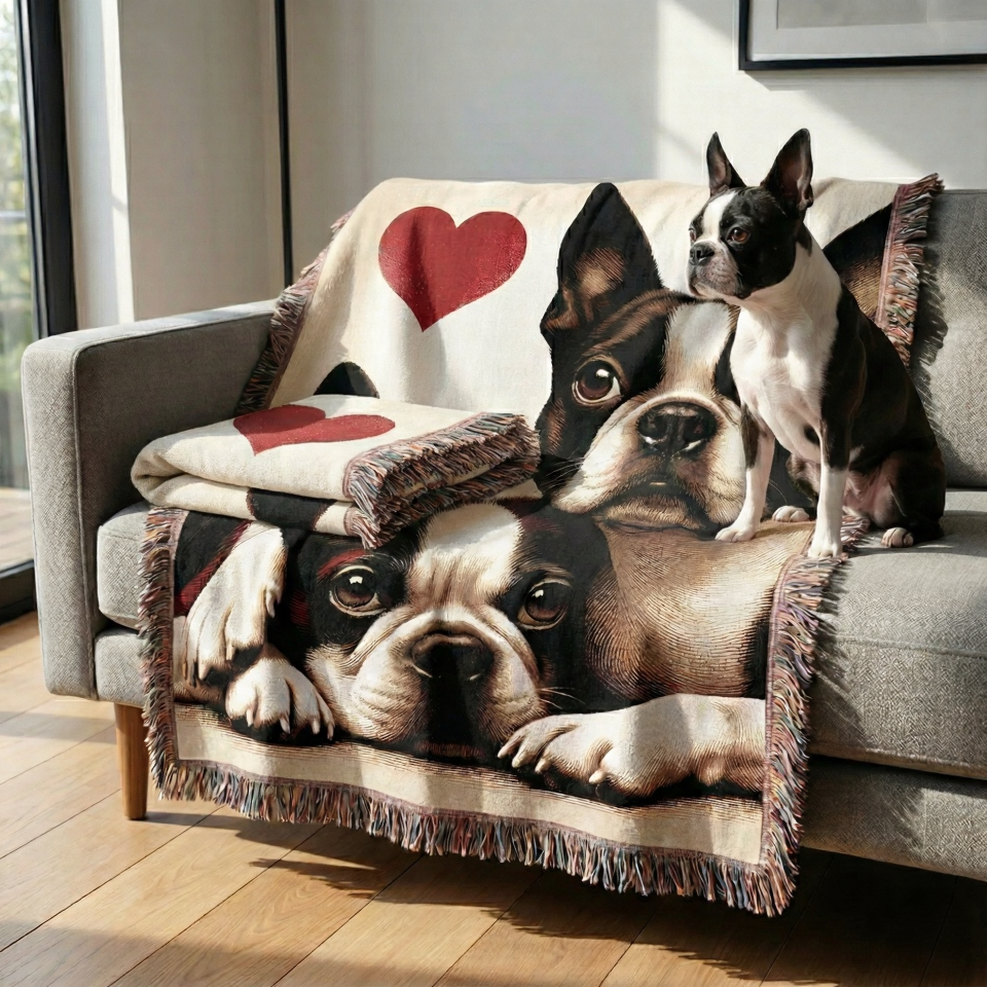 Two Boston Terriers Love Portrait Ultra-Soft Fringe Woven Blanket 60"x80" .