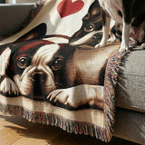 Two Boston Terriers Love Portrait Ultra-Soft Fringe Woven Blanket 60"x80" .