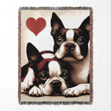 Two Boston Terriers Love Portrait Ultra-Soft Fringe Woven Blanket 60"x80" .