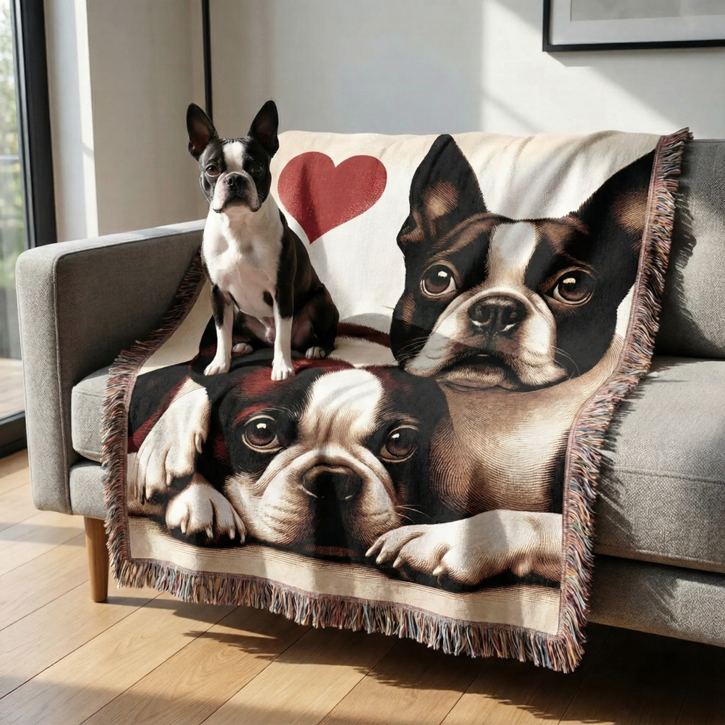 Two Boston Terriers Love Portrait Ultra-Soft Fringe Woven Blanket 60"x80" .
