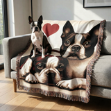 Two Boston Terriers Love Portrait Ultra-Soft Fringe Woven Blanket 60"x80" .