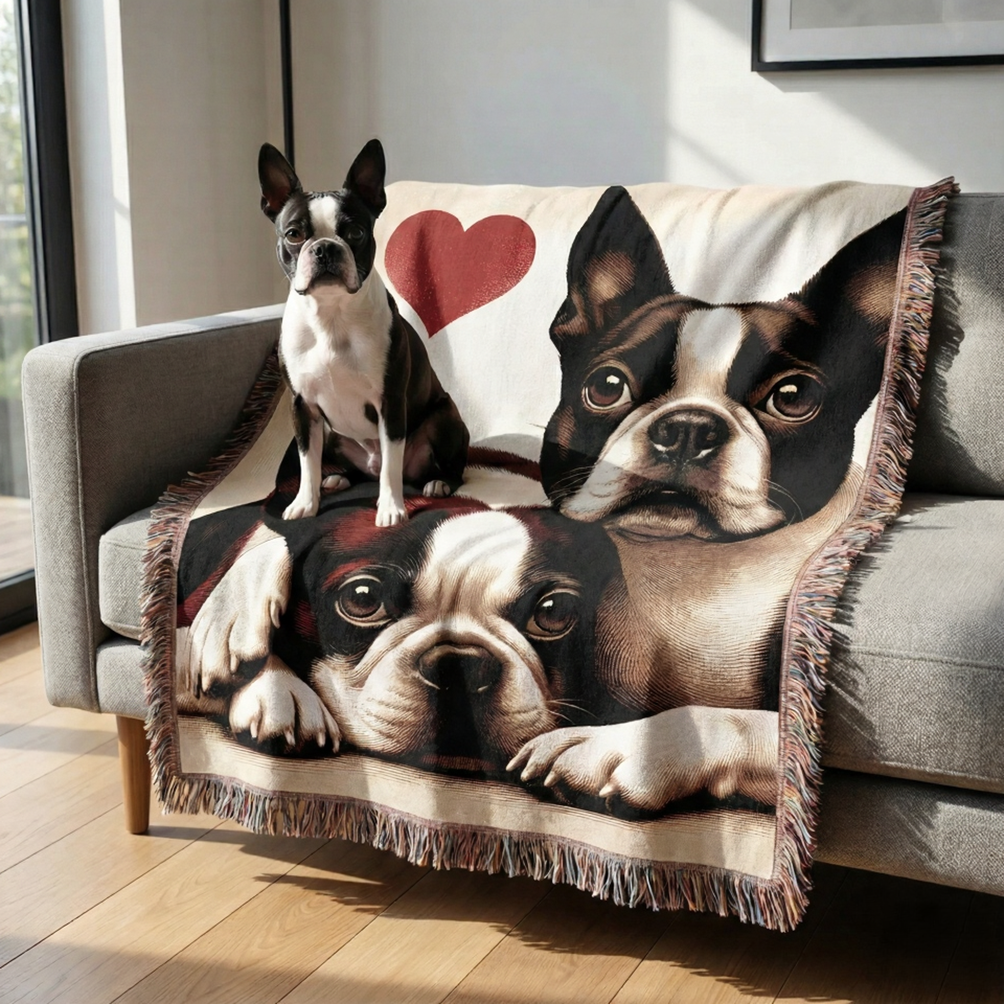 Two Boston Terriers Love Portrait Ultra-Soft Fringe Woven Blanket 60"x80" .