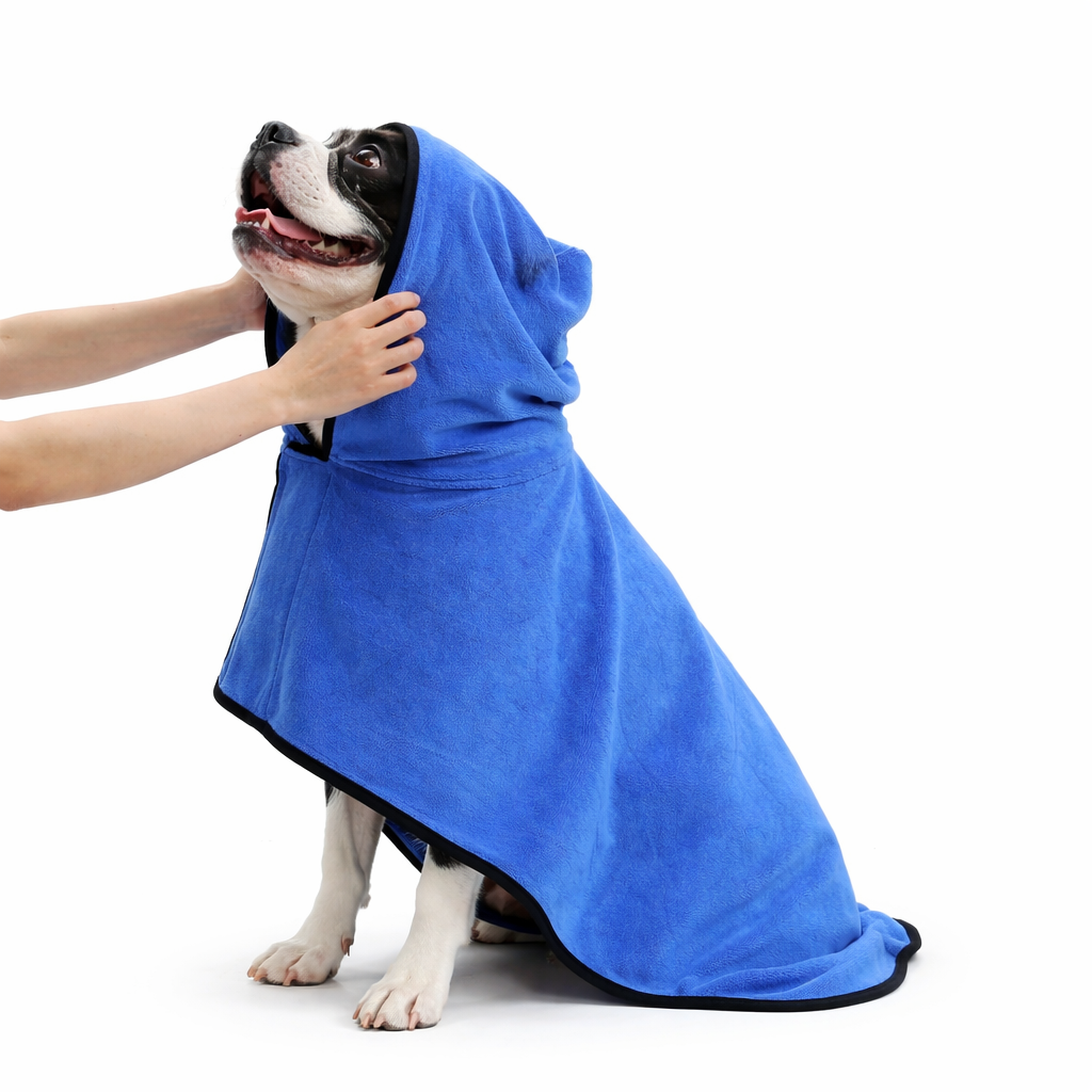 Ultra-Absorbent Quick-Dry Microfiber Dog Bath Towel Robe . Blue