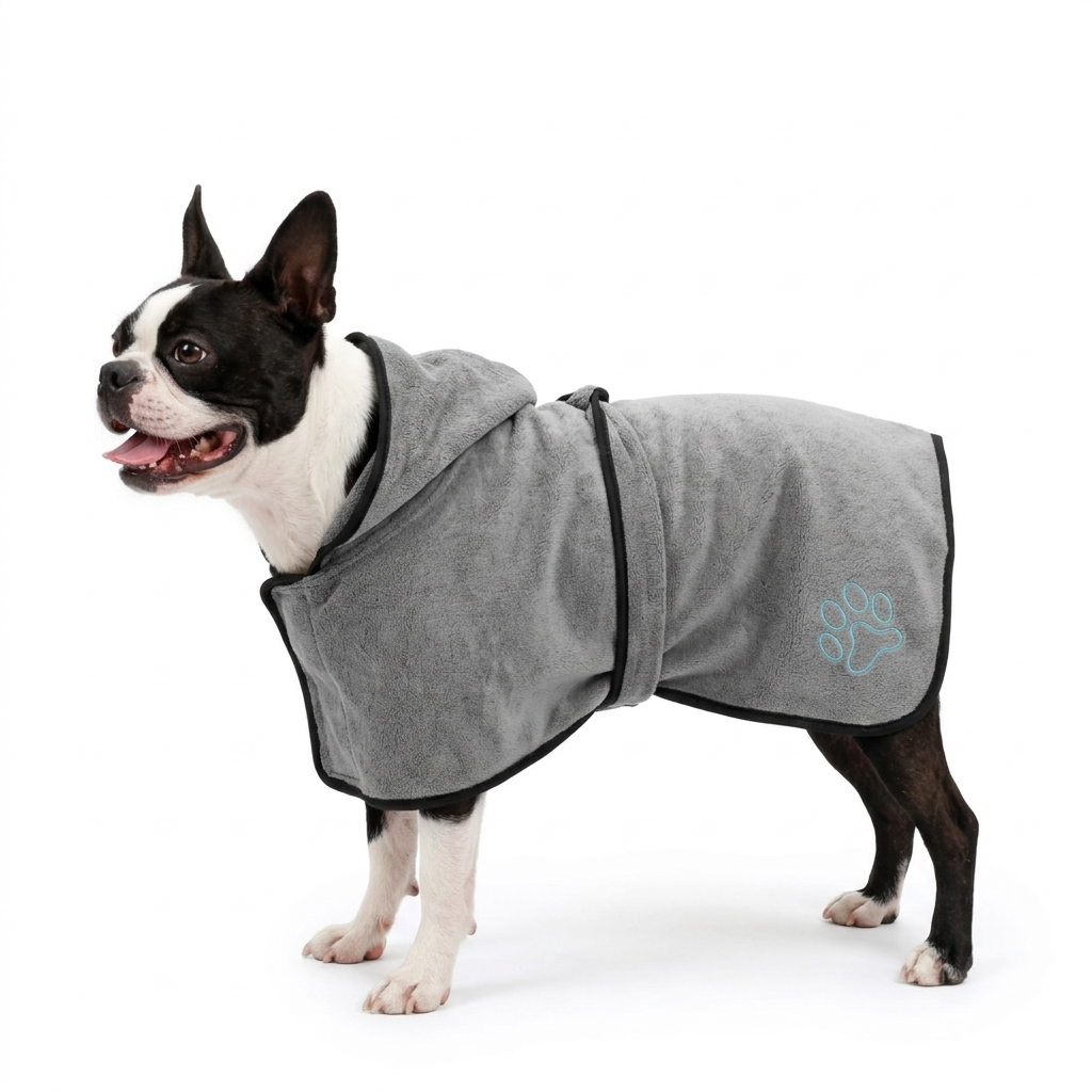 Ultra-Absorbent Quick-Dry Microfiber Dog Bath Towel Robe . Grey