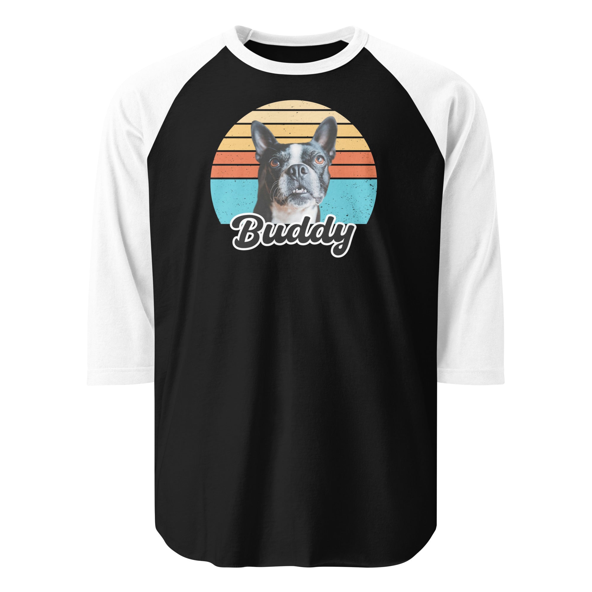 Custom Dog Sunset Vintage Retro Style 3/4 Sleeve Raglan Shirt . Black White