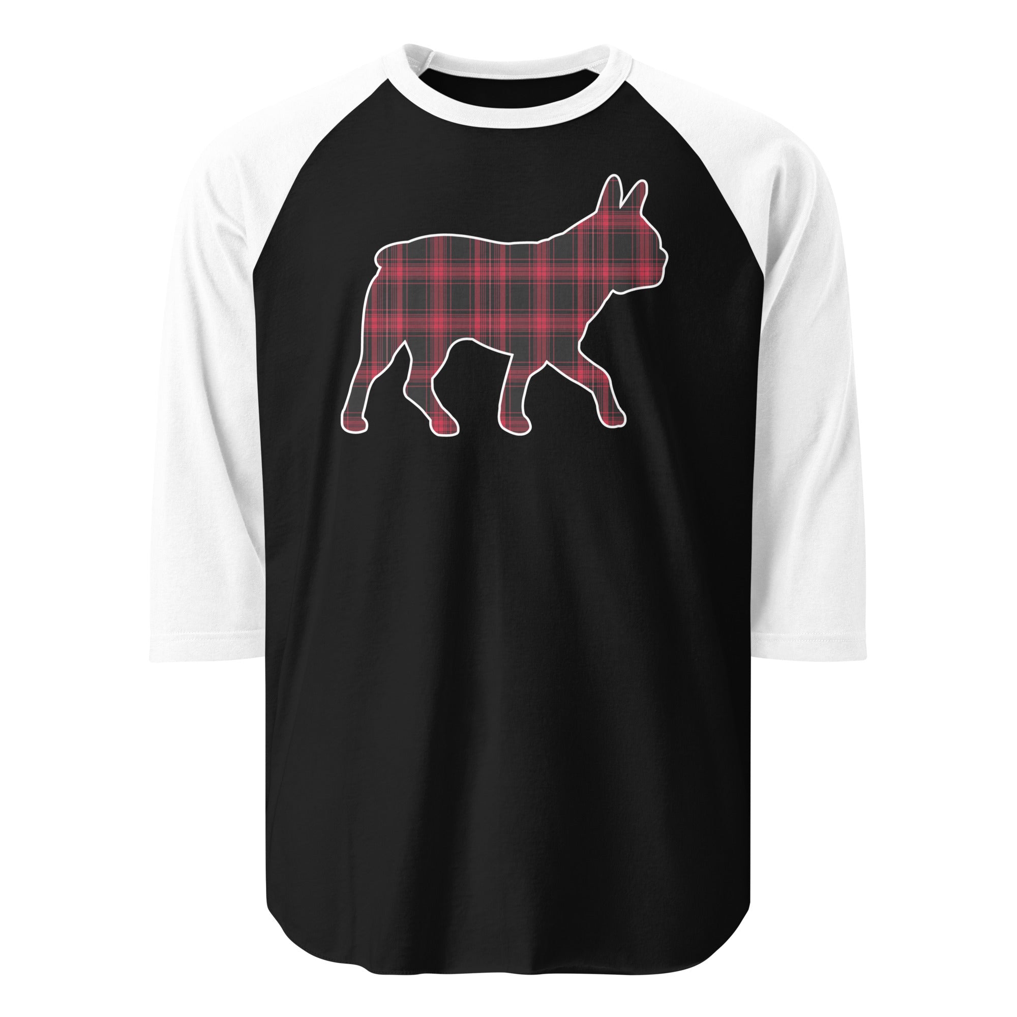 Red Plaid Boston Terrier Dog Silhouette 3/4 Sleeve Raglan Shirt . Black White