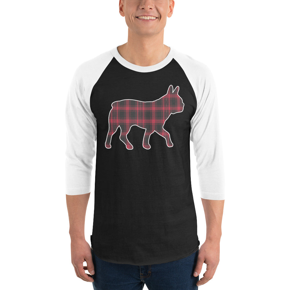Red Plaid Boston Terrier Dog Silhouette 3/4 Sleeve Raglan Shirt .