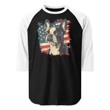 USA Flag United States Boston Terrier Dog 3/4 Sleeve Raglan Shirt . Black White